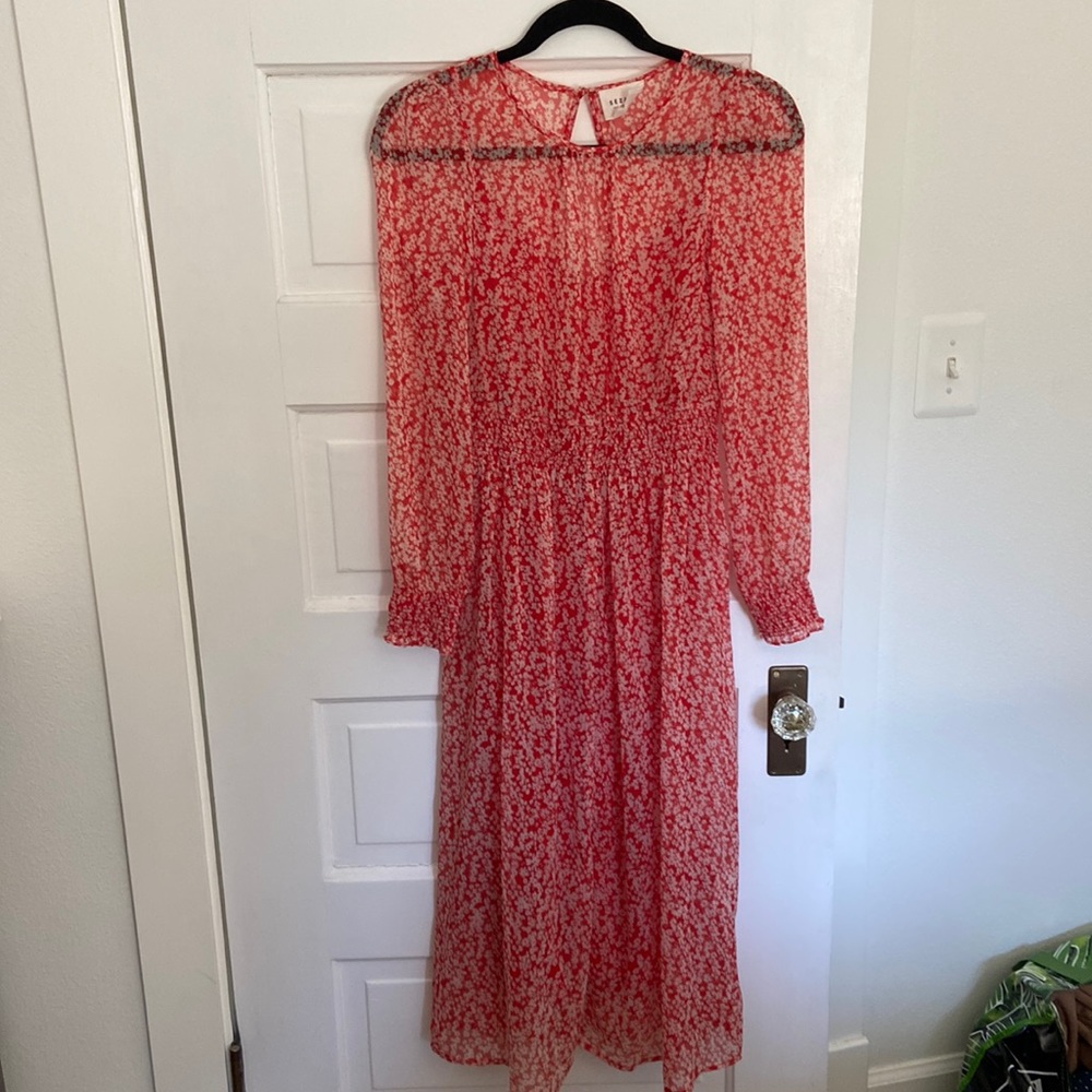 Sezane red silk midi dress with open back, size 34